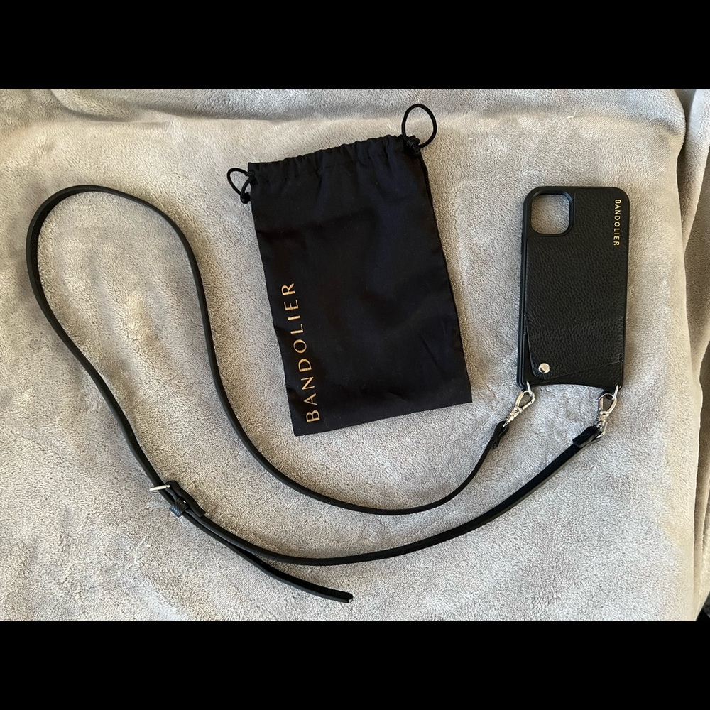 Bandolier Pebble Leather Crossbody iPhone 11 Case in Black/Silver